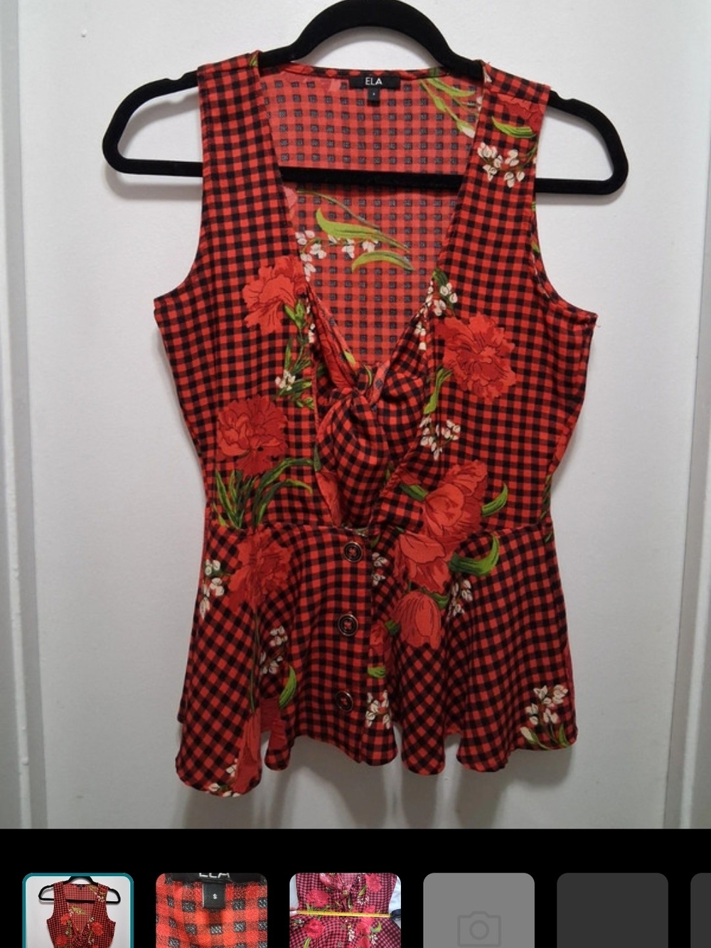 Ela Red Floral Tie-Front Checkered Tank